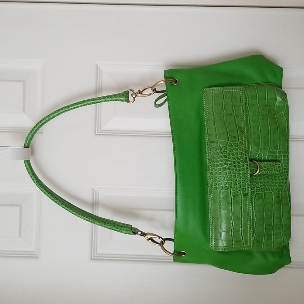 Sondra Robert's Smooth and Croco Embossed Leather Zip Top Bag